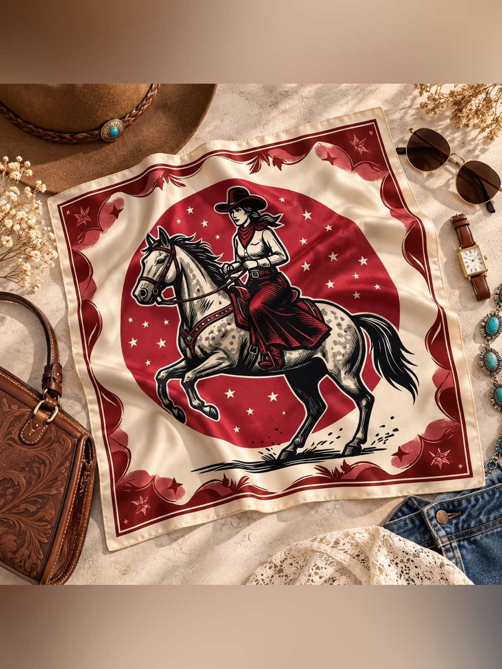 NEW Western Cowgirl Horse Wild Rag Satin Scarf Red Cream Square Bandana